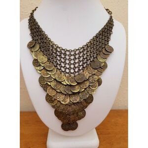 Vintage Tanjore India Necklace Boho Gypsy Coins Bib Style Metal Mesh Layered